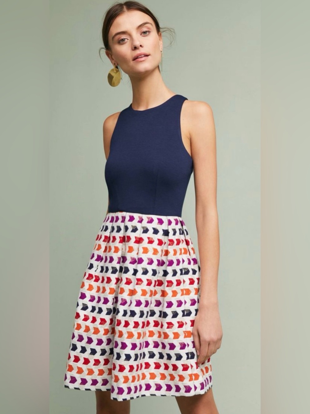 ANTHROPOLOGIE HUTCH The Arrow Jaquard Fit and Flare Sleeveless Dress Navy 0